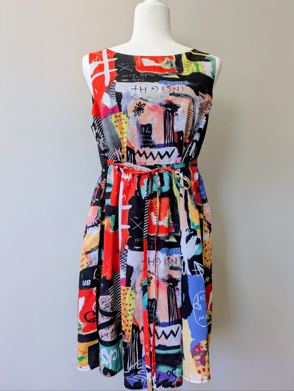Multicolor Abstract Sleeveless Tie-Waist Dress